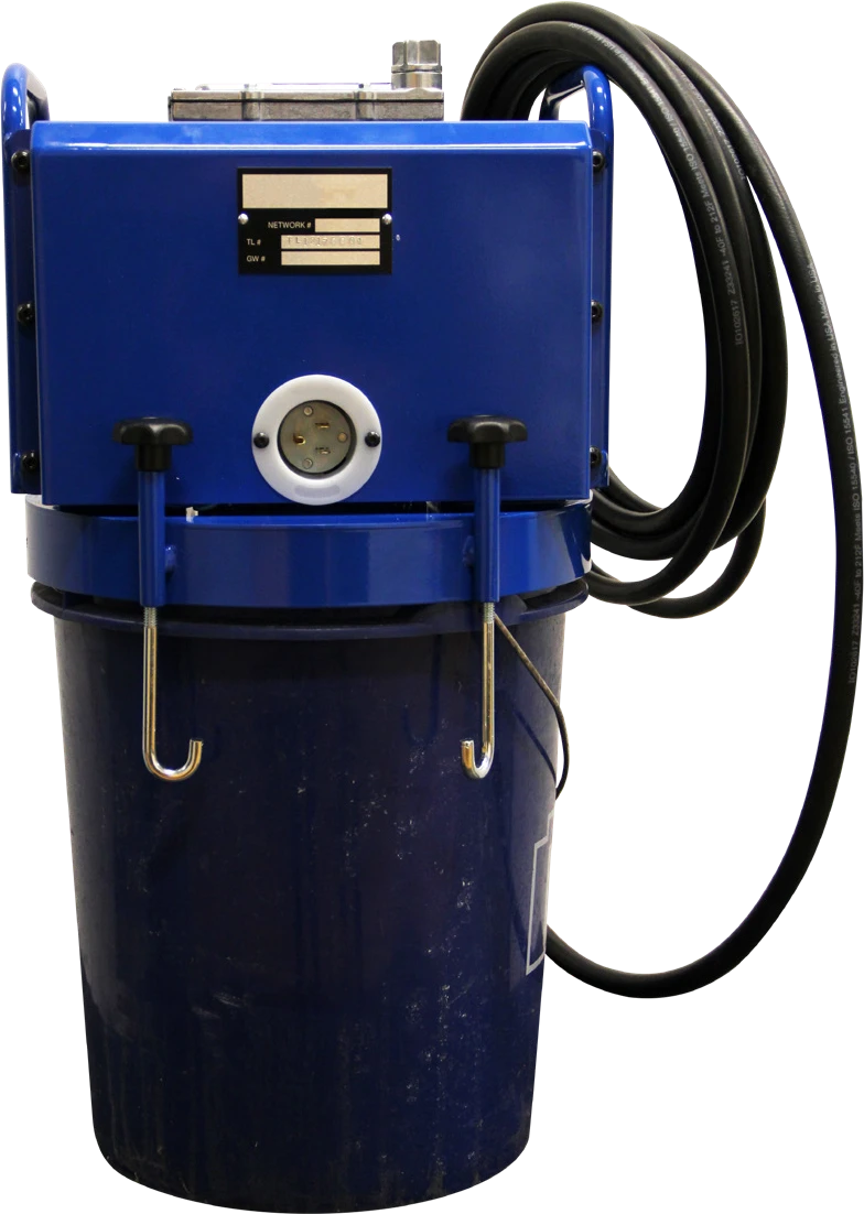 Windlube pump mounted on a standard grease pail with hose stored alongside